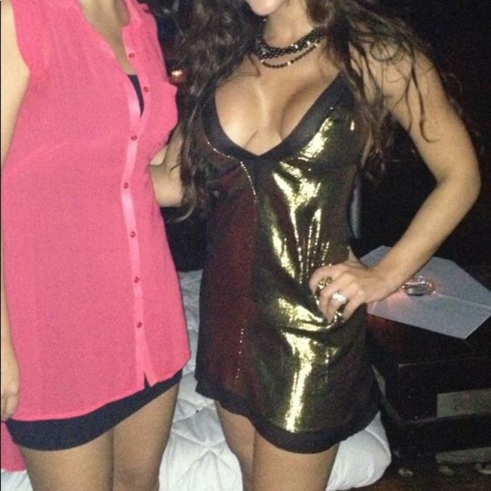 Gold and Black Mini Dress with Straps Sheer XS